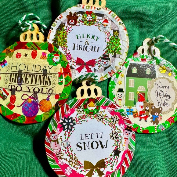 Set of 4 New Handmade 3x3” Rustic Wooden Decoupage Christmas Tree Ornaments $40 - Picture 1 of 9